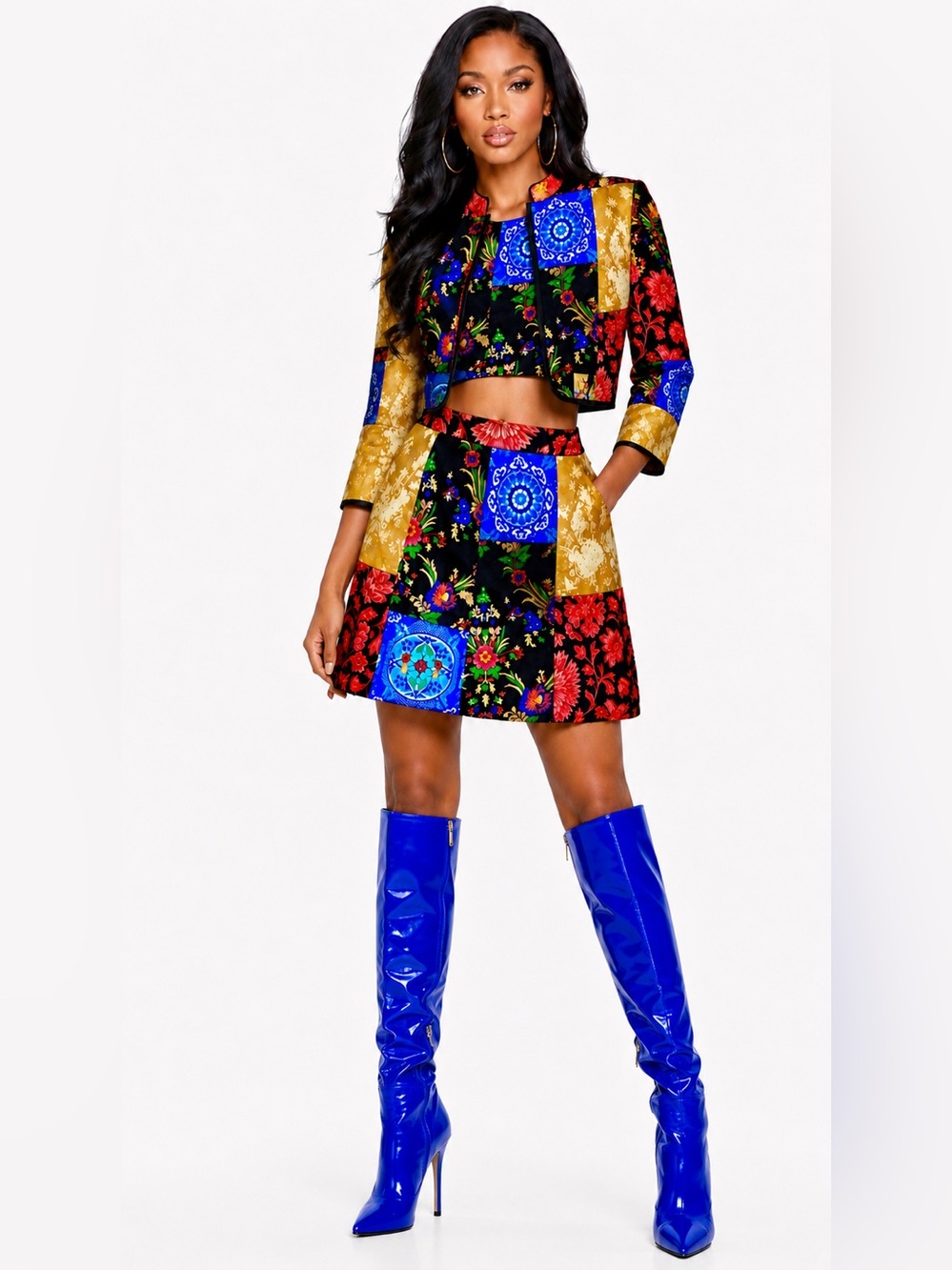 Alice + Olivia Patchwork Floral Mini Skirt – Black, Blue, Red Gold Color-block